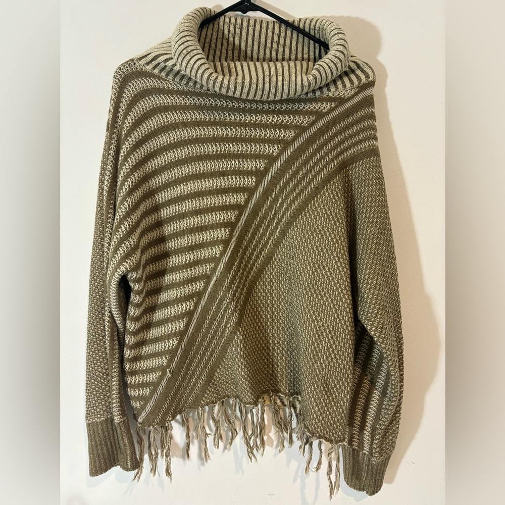 Mystree Olive Green and Cream Cowl Neck Fringe Sweater